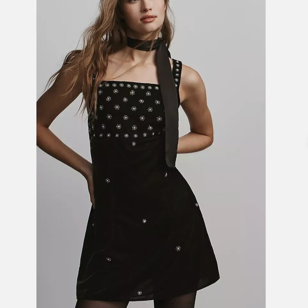 Anthropologie NWOT Mini Dress, Sleeveless Embellished Black Velvet, Size M